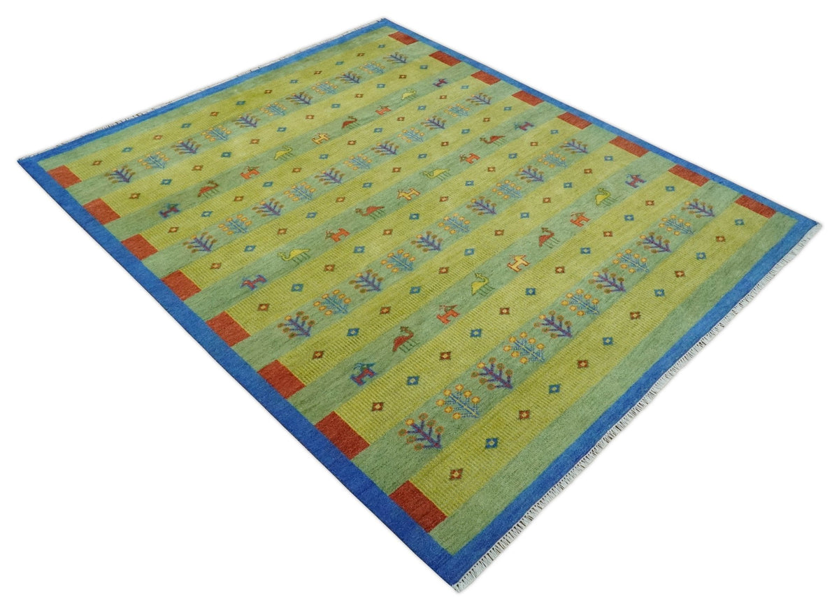 Animal and Tree Life Green, Blue and Rust Hand knotted Traditional Multi Size Wool Area Rug, Kids, Living Room and Bedroom Rug.