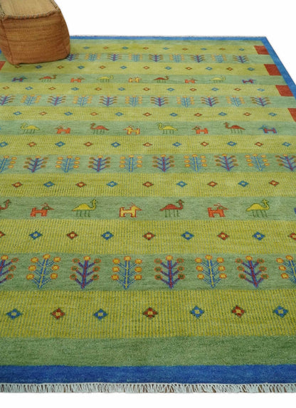 Animal and Tree Life Green, Blue and Rust Hand knotted Traditional Multi Size Wool Area Rug, Kids, Living Room and Bedroom Rug.