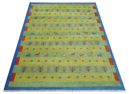 Animal and Tree Life Green, Blue and Rust Hand knotted Traditional Multi Size Wool Area Rug, Kids, Living Room and Bedroom Rug.