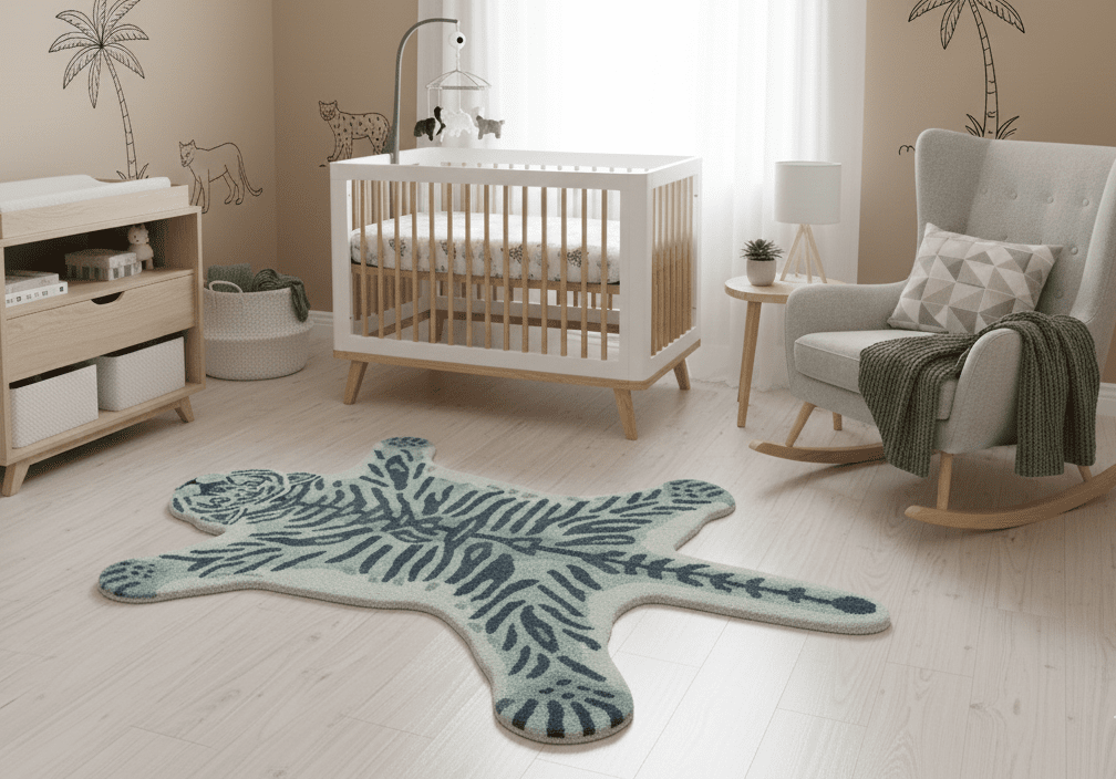 Animal Tiger Blue Hand Tufted 3x5 Wool Area Rug.