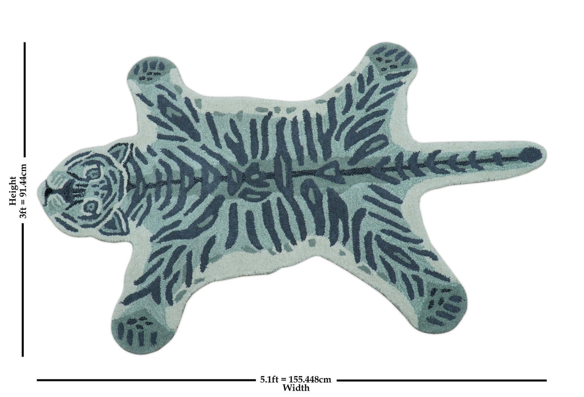 Animal Tiger Blue Hand Tufted 3x5 Wool Area Rug.