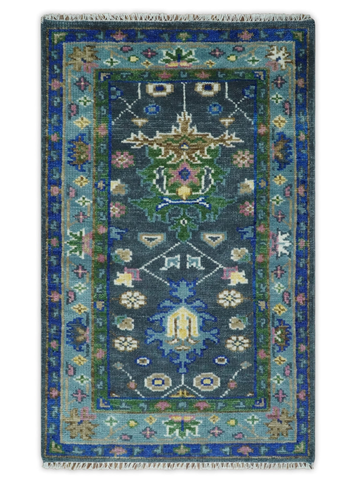 Antique Design Hand Knotted Charcoal, Green Moss and Blue Oushak Custom Made Rug.