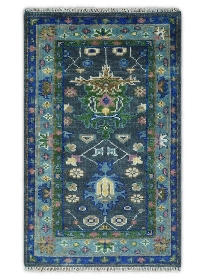 Antique Design Hand Knotted Charcoal, Green Moss and Blue Oushak Custom Made Rug.