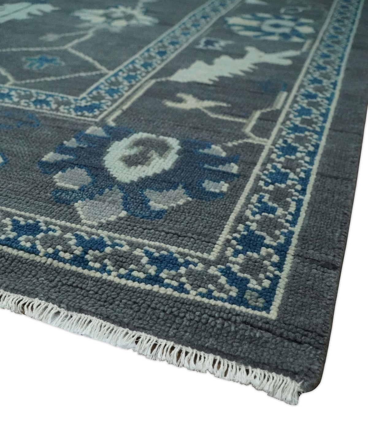 Antique Hand Knotted Oushak Charcoal and Blue Traditional Area Rug.