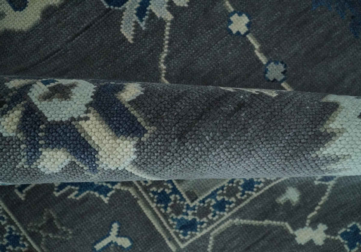 Antique Hand Knotted Oushak Charcoal and Blue Traditional Area Rug.