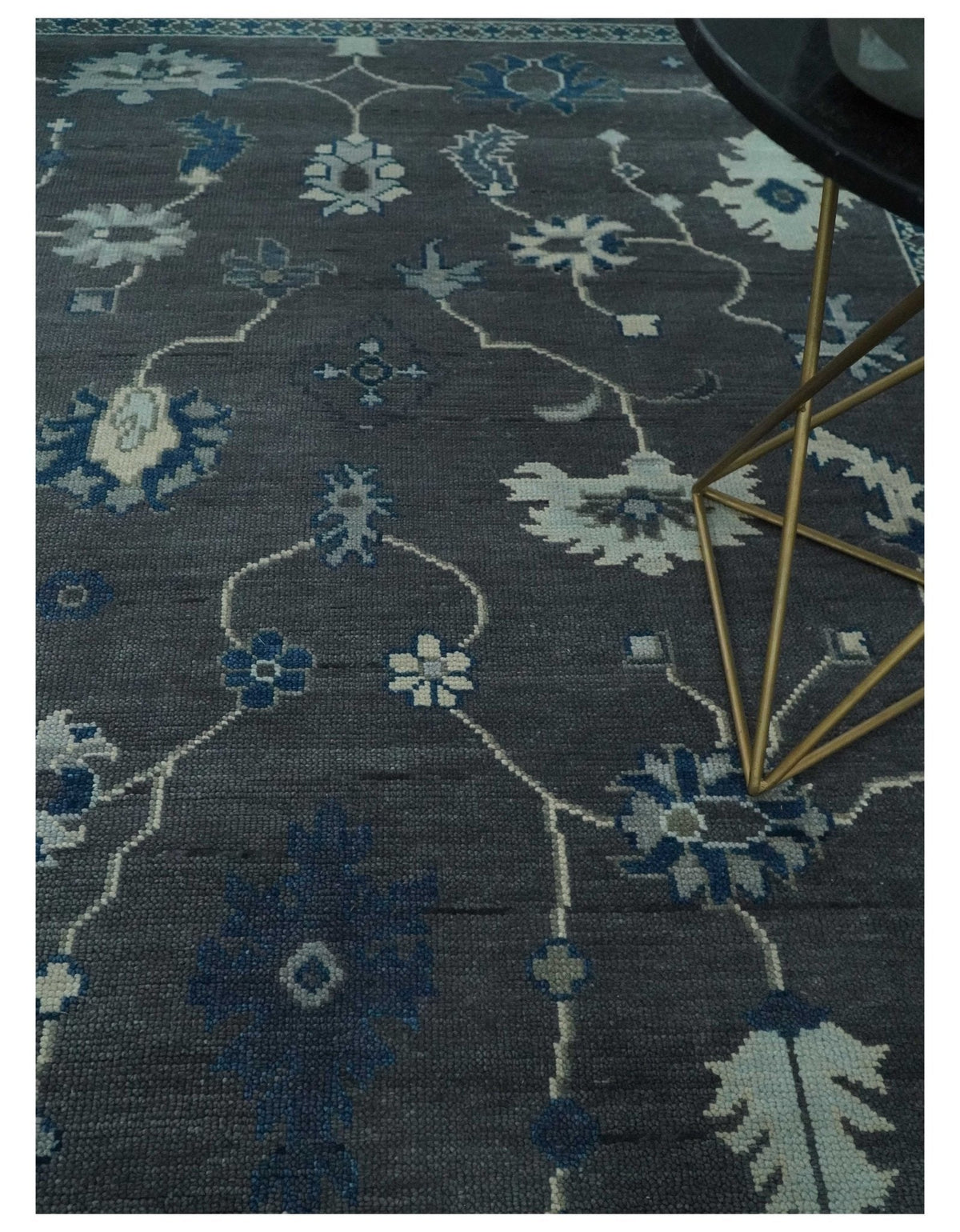 Antique Hand Knotted Oushak Charcoal and Blue Traditional Area Rug.