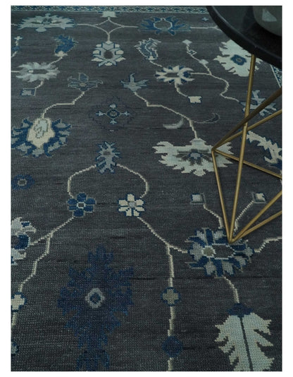 Antique Hand Knotted Oushak Charcoal and Blue Traditional Area Rug.
