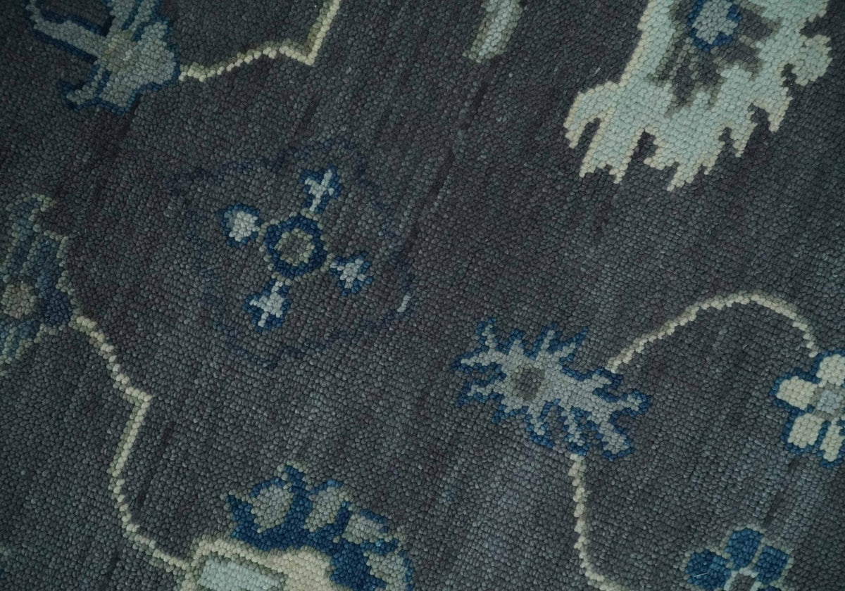 Antique Hand Knotted Oushak Charcoal and Blue Traditional Area Rug.