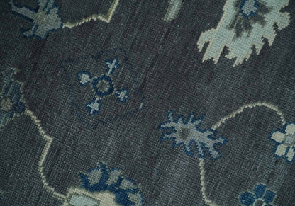 Antique Hand Knotted Oushak Charcoal and Blue Traditional Area Rug.