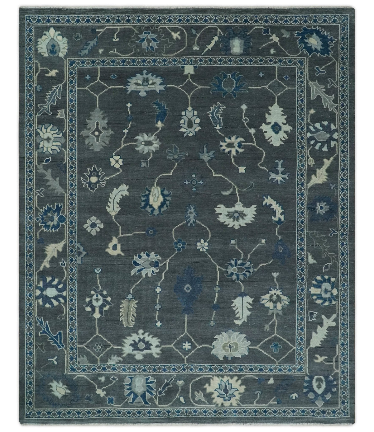 Antique Hand Knotted Oushak Charcoal and Blue Traditional Area Rug.