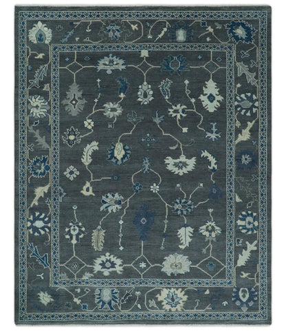 Antique Hand Knotted Oushak Charcoal and Blue Traditional Area Rug.