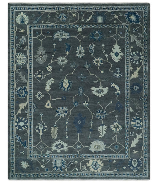 Antique Hand Knotted Oushak Charcoal and Blue Traditional Area Rug.