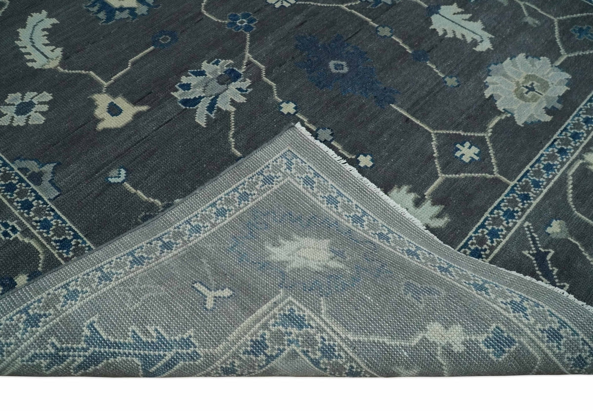 Antique Hand Knotted Oushak Charcoal and Blue Traditional Area Rug.