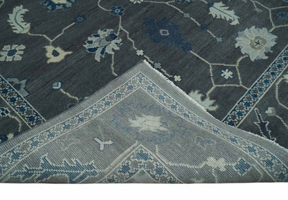 Antique Hand Knotted Oushak Charcoal and Blue Traditional Area Rug.