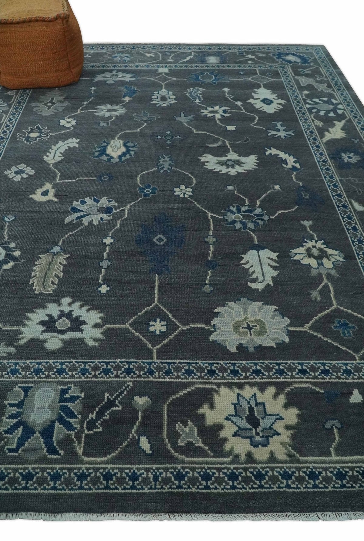 Antique Hand Knotted Oushak Charcoal and Blue Traditional Area Rug.