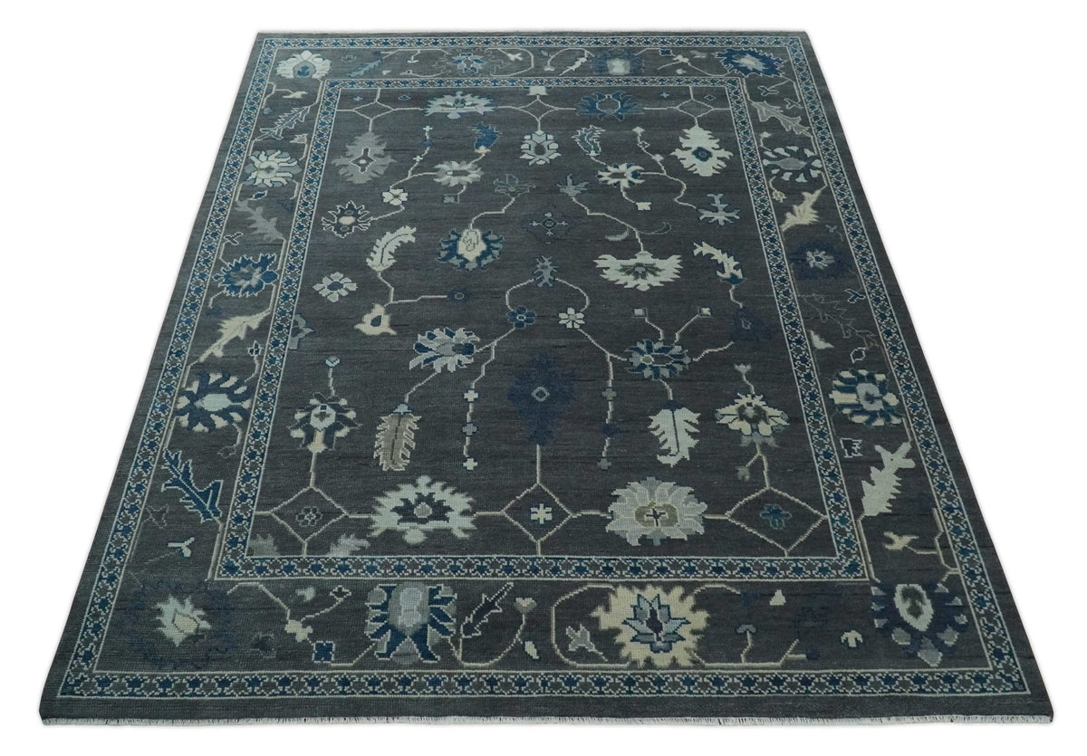 Antique Hand Knotted Oushak Charcoal and Blue Traditional Area Rug.
