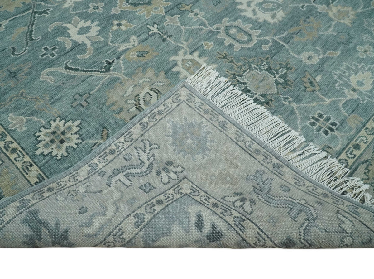 Antique Hand Knotted Gray and Beige Traditional Oushak Wool Area Rug.