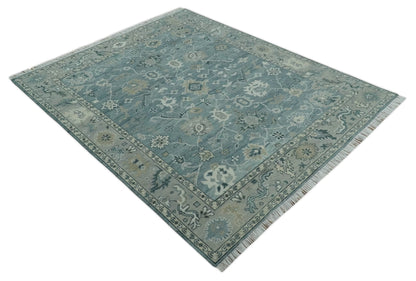 Antique Hand Knotted Gray and Beige Traditional Oushak Wool Area Rug.