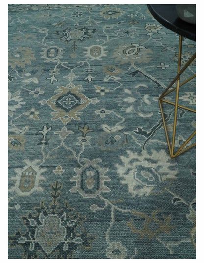 Antique Hand Knotted Gray and Beige Traditional Oushak Wool Area Rug.