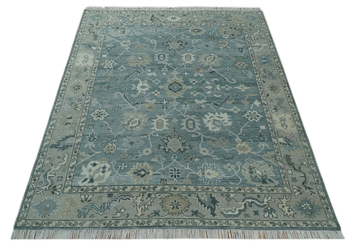 Antique Hand Knotted Gray and Beige Traditional Oushak Wool Area Rug.