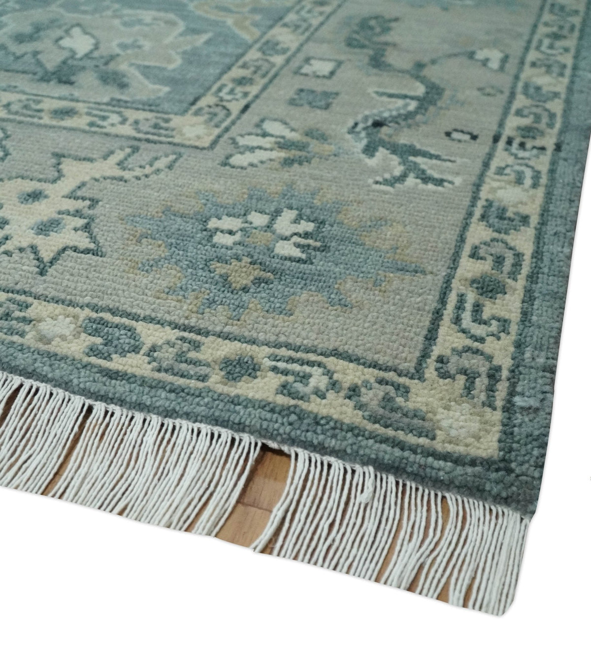 Antique Hand Knotted Gray and Beige Traditional Oushak Wool Area Rug.