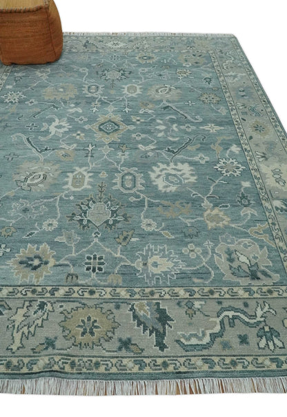 Antique Hand Knotted Gray and Beige Traditional Oushak Wool Area Rug.