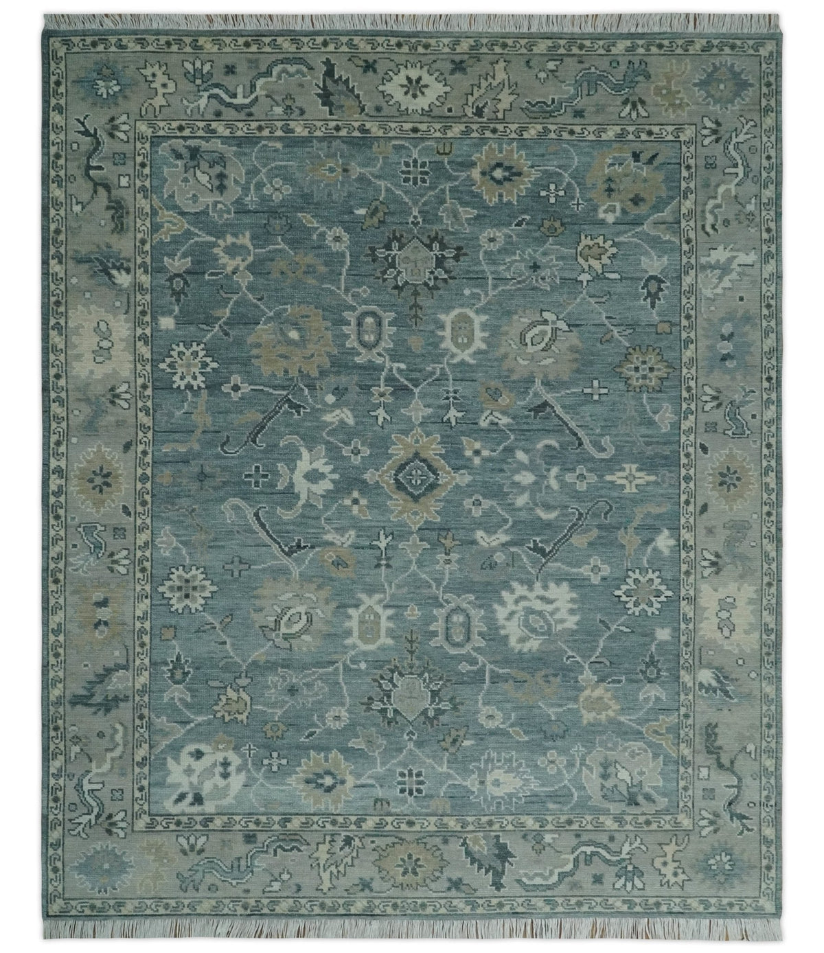 Antique Hand Knotted Gray and Beige Traditional Oushak Wool Area Rug.