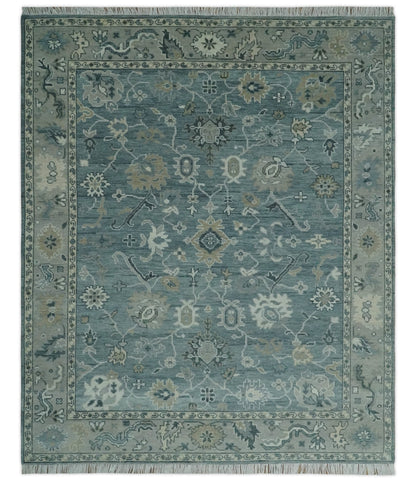 Antique Hand Knotted Gray and Beige Traditional Oushak Wool Area Rug.