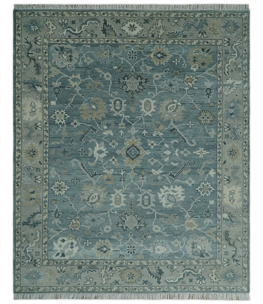 Antique Hand Knotted Gray and Beige Traditional Oushak Wool Area Rug.
