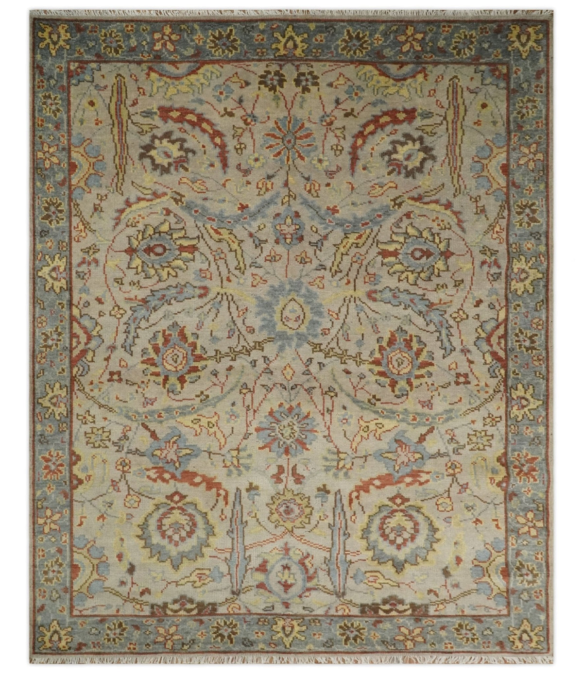 Custom Made Beige, Rust and Blue Traditional Style Hand Knotted Wool Area Rug.