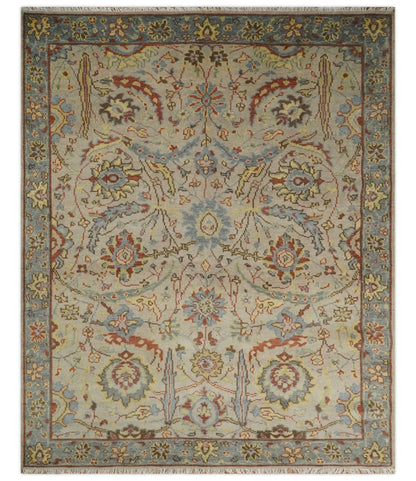 Custom Made Beige, Rust and Blue Traditional Style Hand Knotted Wool Area Rug.
