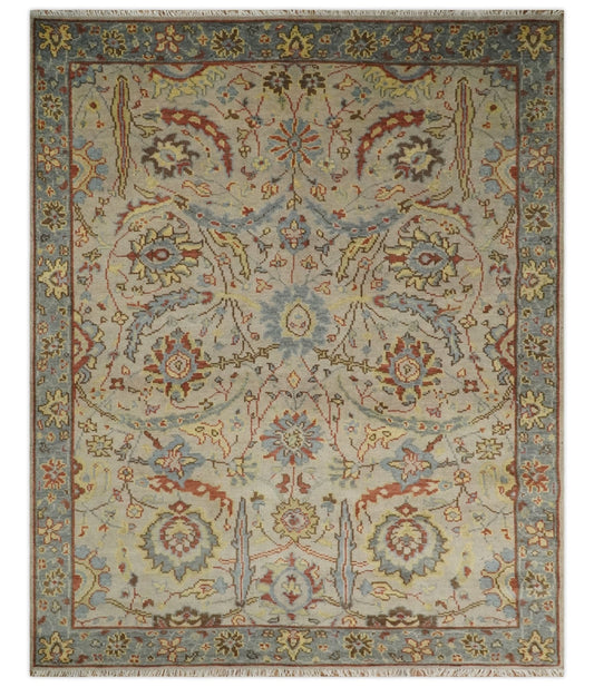 Custom Made Beige, Rust and Blue Traditional Style Hand Knotted Wool Area Rug.