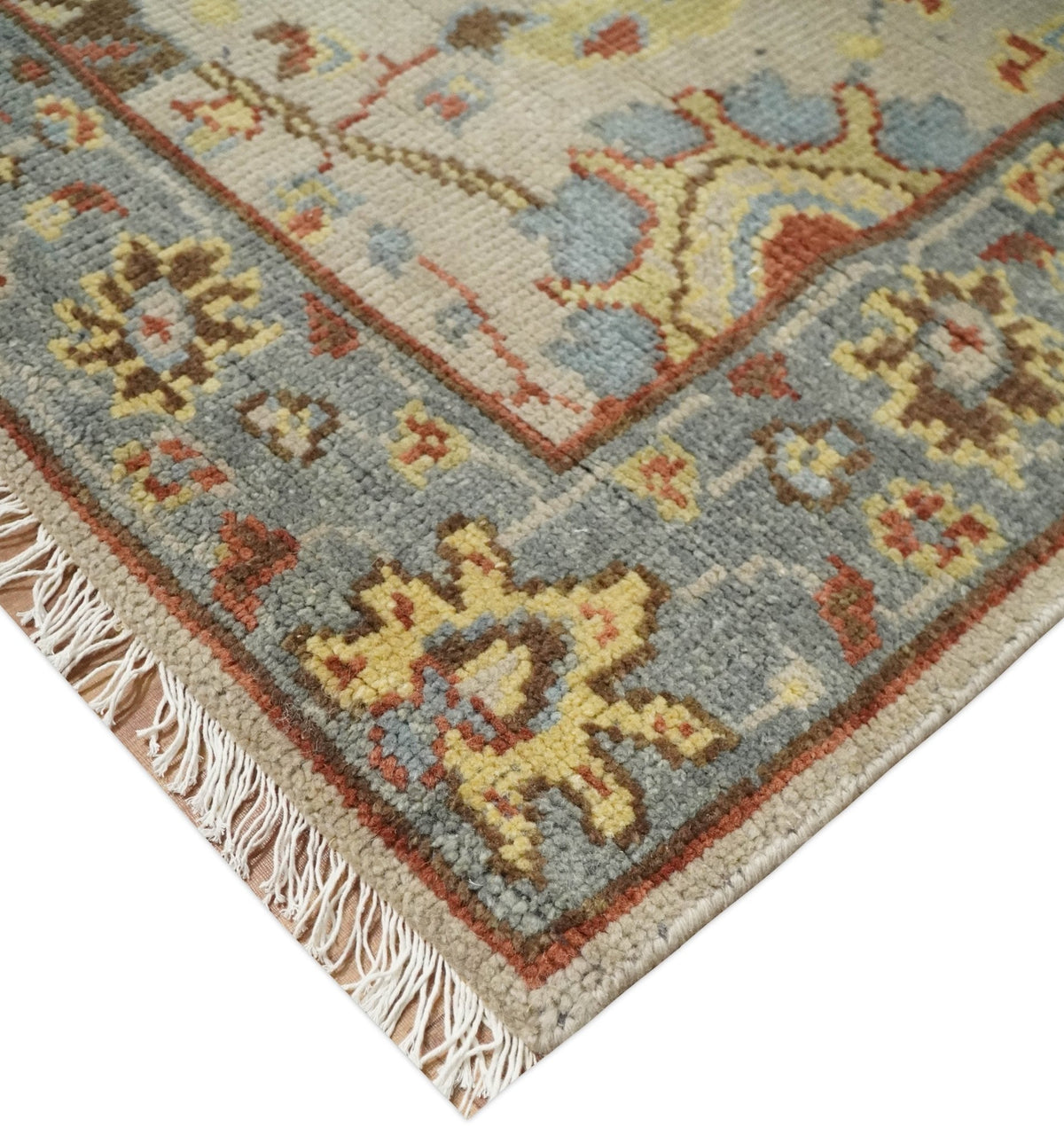 Custom Made Beige, Rust and Blue Traditional Style Hand Knotted Wool Area Rug.