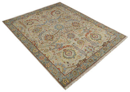 Custom Made Beige, Rust and Blue Traditional Style Hand Knotted Wool Area Rug.