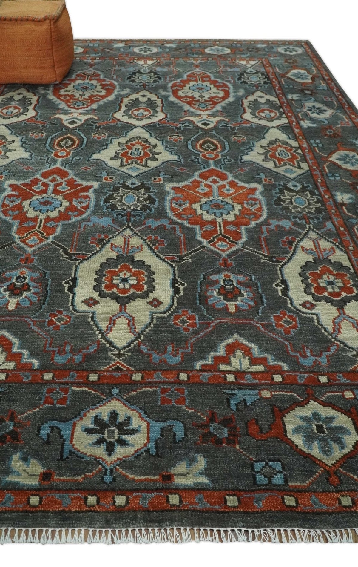 Antique look Gray And Rust Hand knotted Traditional Oushak Multi Size Area Rug.