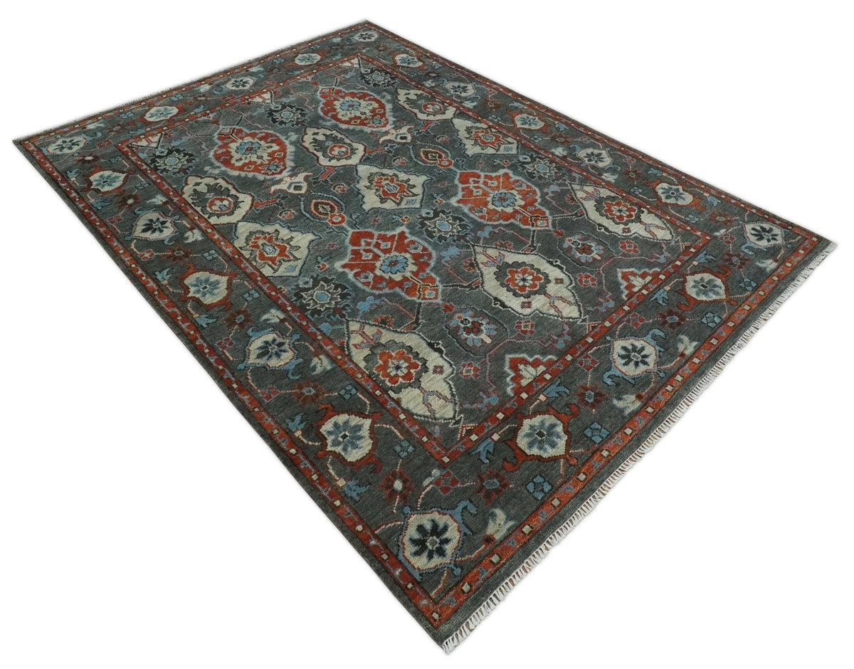 Antique look Gray And Rust Hand knotted Traditional Oushak Multi Size Area Rug.