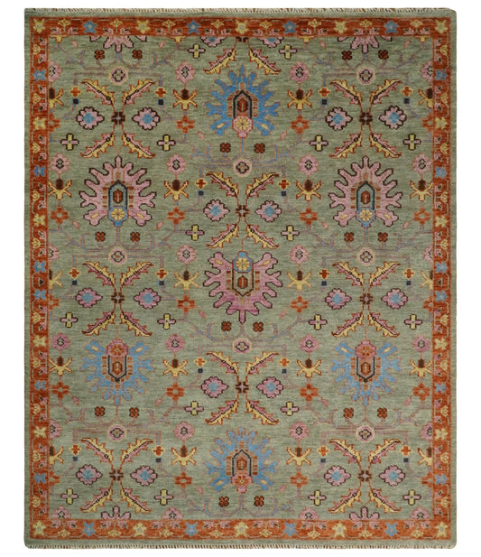Vintage Style Rust, Pink and Blue Hand Knotted Traditional Oushak Multi Size wool Area Rug.