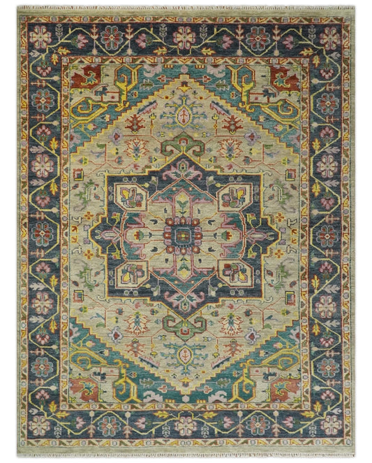 Custom Made Hand Knotted Camel and Charcoal Traditional Heriz Wool Rug.