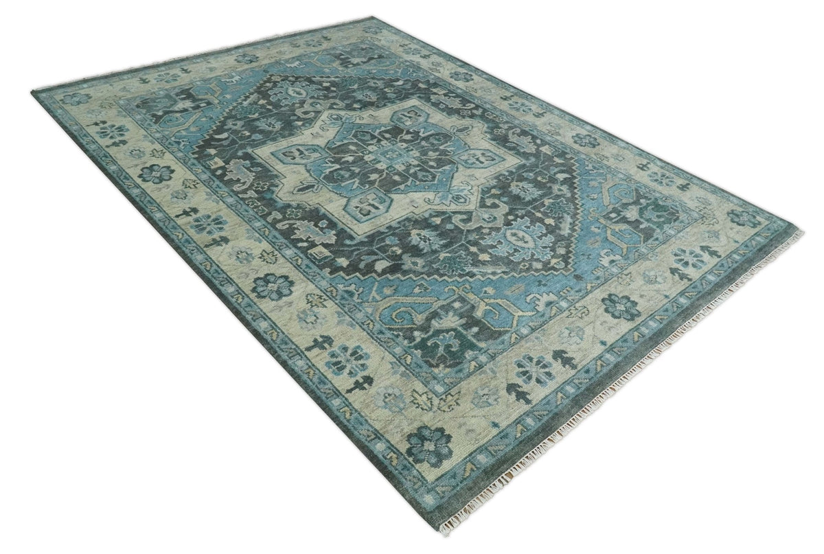 Antique look Hand Knotted Beige and Blue Traditional Heriz Wool Area Rug.