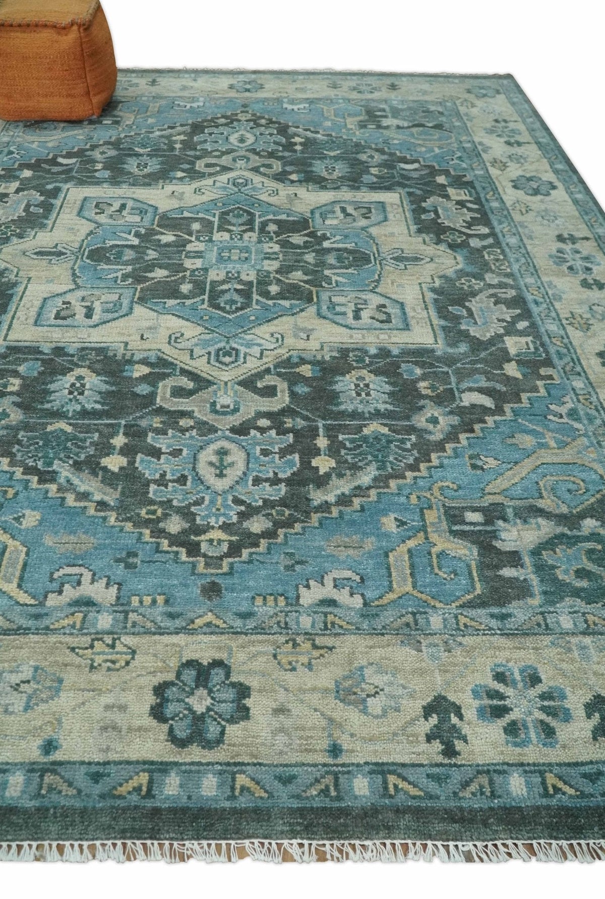 Antique look Hand Knotted Beige and Blue Traditional Heriz Wool Area Rug.