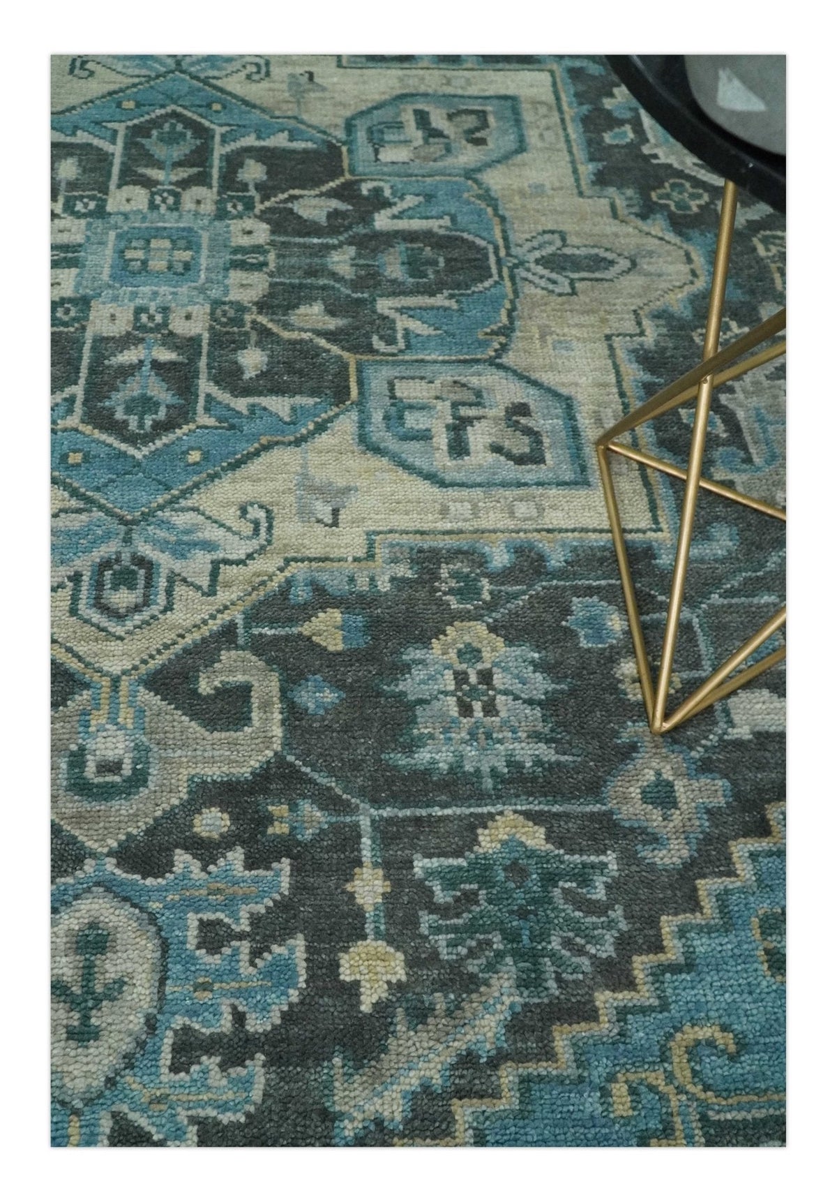 Antique look Hand Knotted Beige and Blue Traditional Heriz Wool Area Rug.