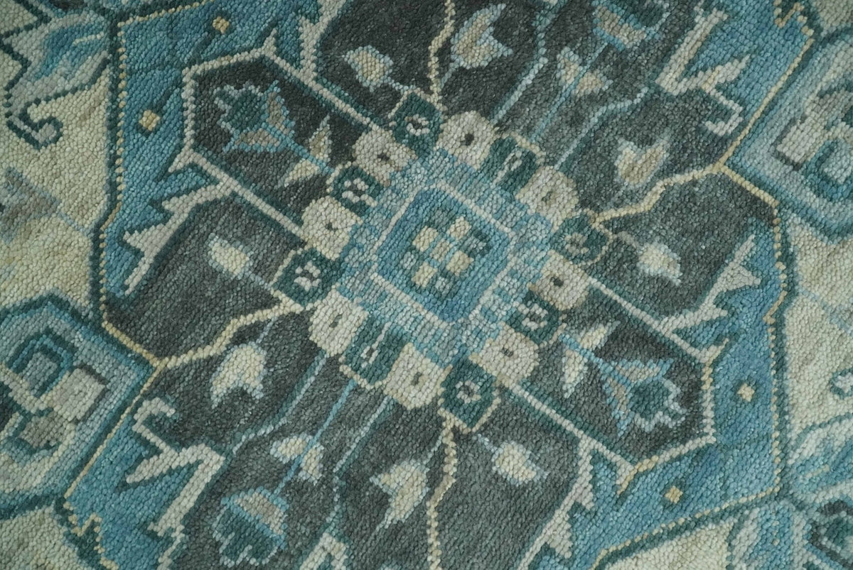 Antique look Hand Knotted Beige and Blue Traditional Heriz Wool Area Rug.