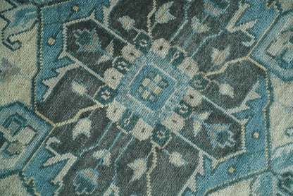 Antique look Hand Knotted Beige and Blue Traditional Heriz Wool Area Rug.