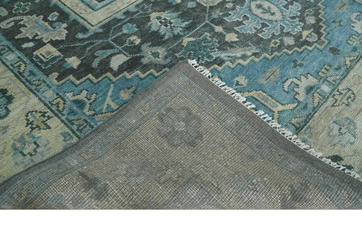 Antique look Hand Knotted Beige and Blue Traditional Heriz Wool Area Rug.