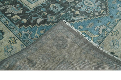 Antique look Hand Knotted Beige and Blue Traditional Heriz Wool Area Rug.