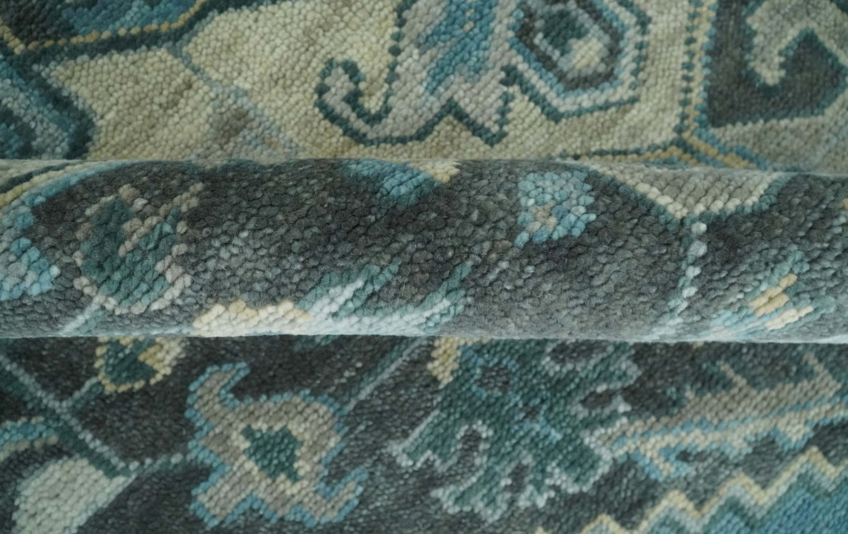 Antique look Hand Knotted Beige and Blue Traditional Heriz Wool Area Rug.