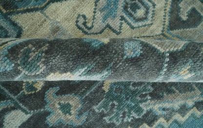 Antique look Hand Knotted Beige and Blue Traditional Heriz Wool Area Rug.
