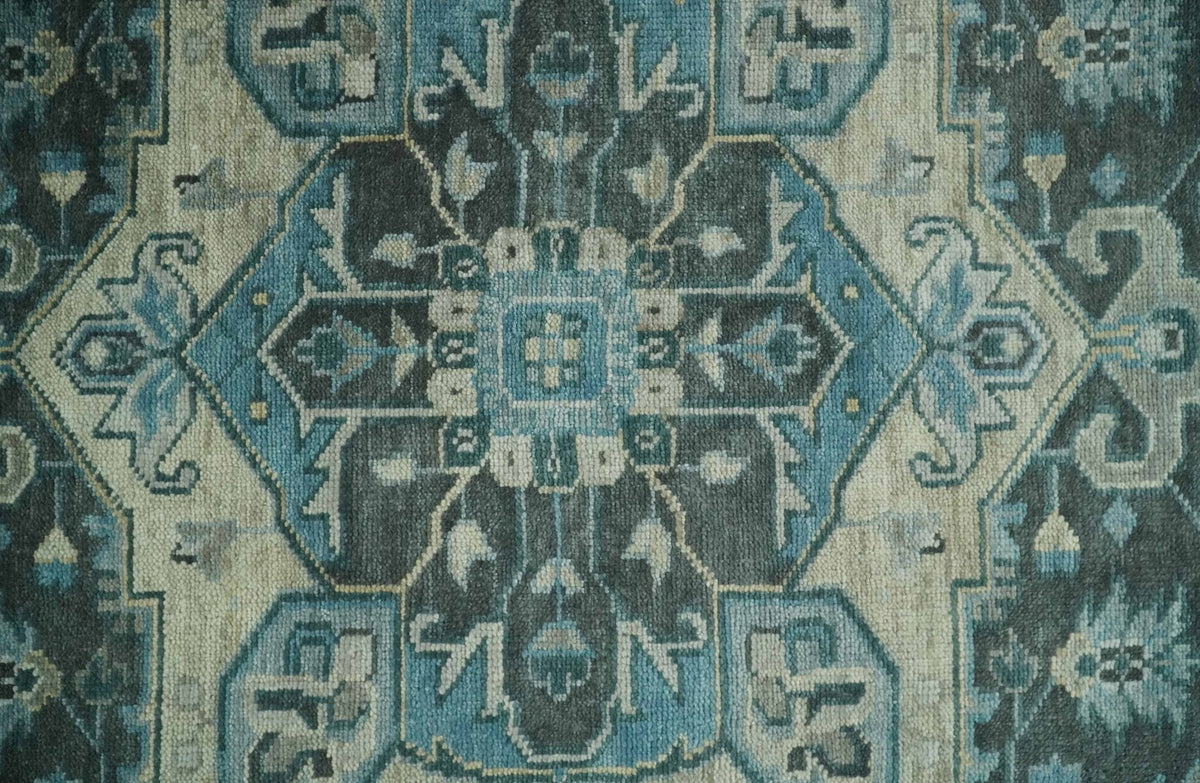 Antique look Hand Knotted Beige and Blue Traditional Heriz Wool Area Rug.