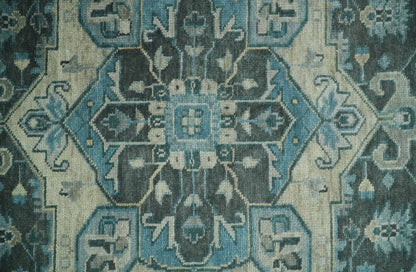 Antique look Hand Knotted Beige and Blue Traditional Heriz Wool Area Rug.