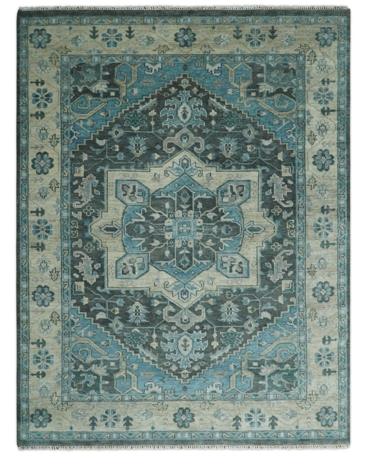 Antique look Hand Knotted Beige and Blue Traditional Heriz Wool Area Rug.